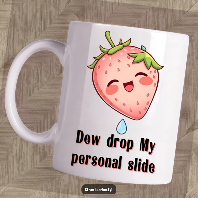 Funny mug showing a joyful strawberry character laughing gleefully while sliding down a glistening dew drop, emphasizing pure delight.