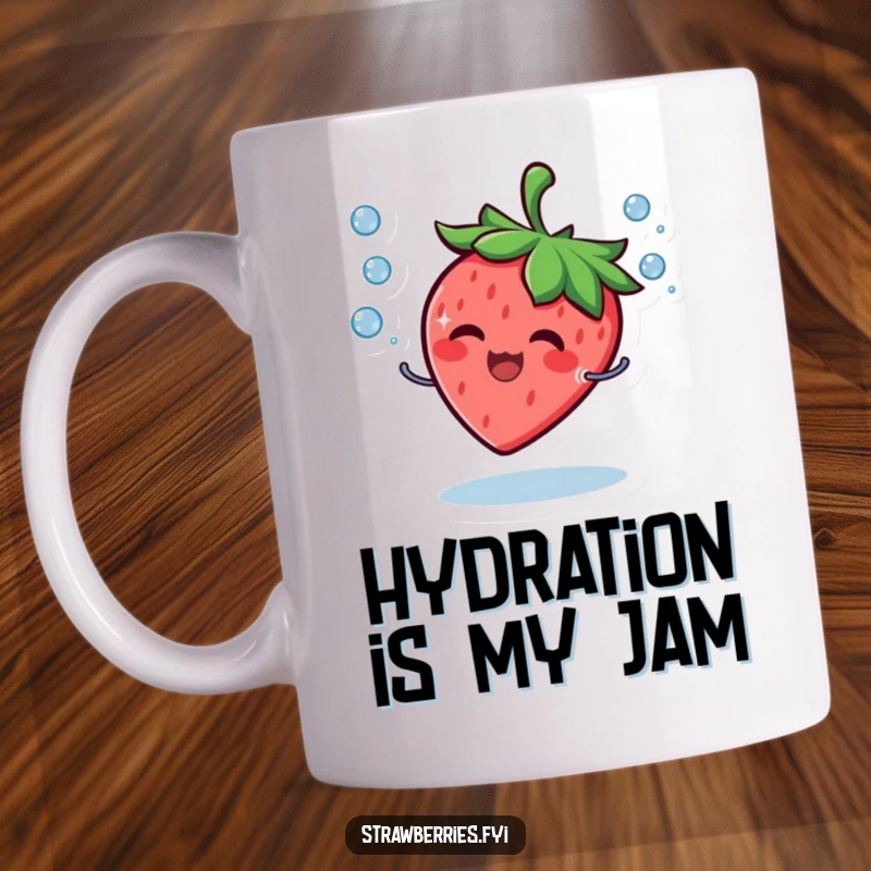 Funny Mug featuring a giggling strawberry character joyfully juggling tiny water droplets with a big, happy smile.