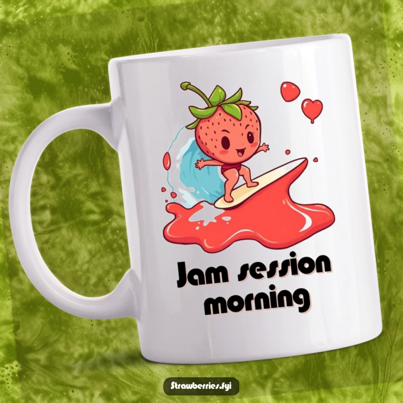 Funny Mug: A strawberry bravely surfing on a large, cresting wave made entirely of sticky jam, depicting a humorous challenge.