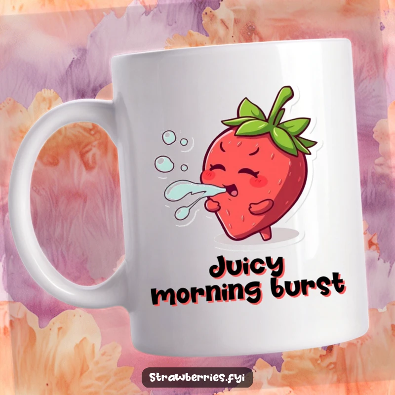 Funny mug featuring a mischievous strawberry character playfully squirting a stream of juice, adding a juicy splash of humor.