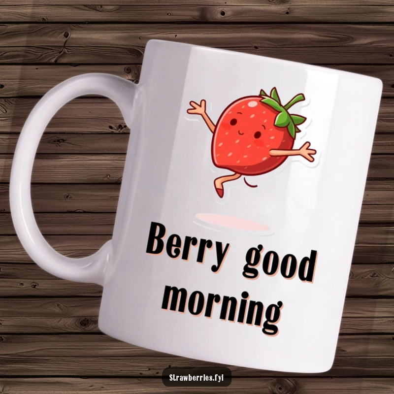 Funny Mug of a joyful strawberry character performing a pirouette, celebrating sweet treats and delightful movement.