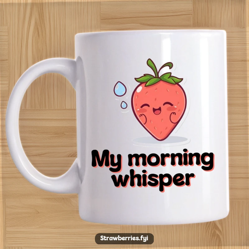 Funny mug showing a happy strawberry character sharing a secret with a dewdrop, a sweet and humorous moment.