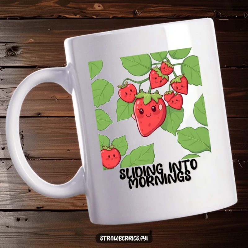 Funny mug featuring a cheerful strawberry character sliding down a giant leafy vine, bringing adventurous joy.