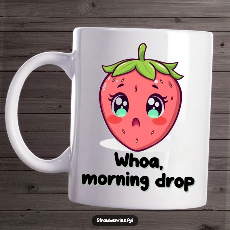 Funny mug depicting a surprised strawberry with wide eyes, comically falling backward, mid-tumble.