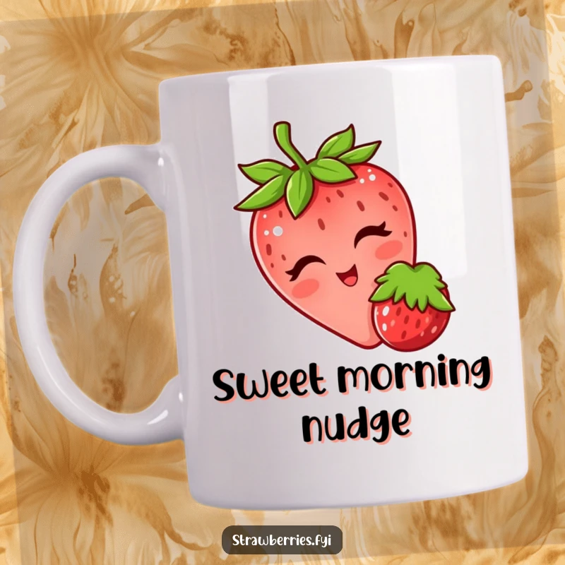 Funny mug featuring a winking strawberry playfully nudging a small berry, conveying a flirty and cheerful interaction.
