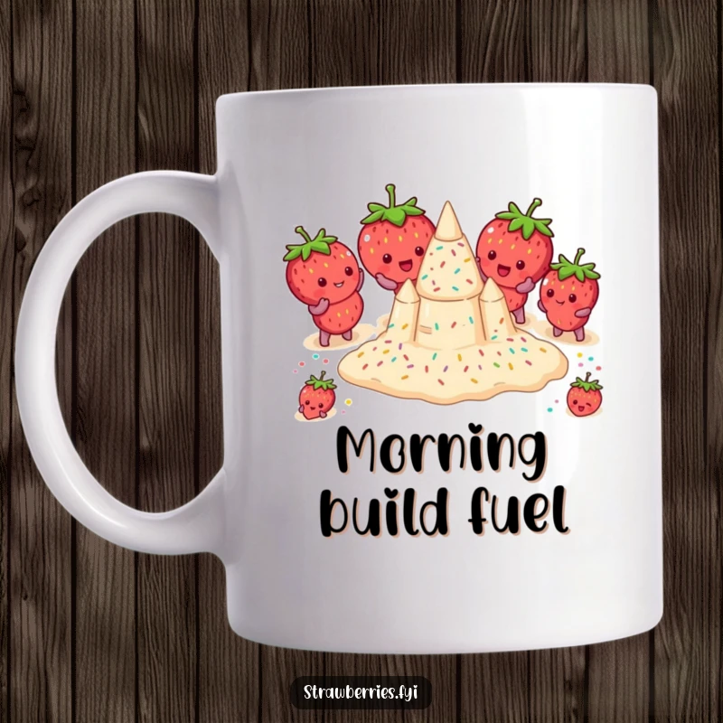Funny mug featuring a group of strawberries hilariously attempting to build a sandcastle decorated with sprinkles, capturing beachy chaos.