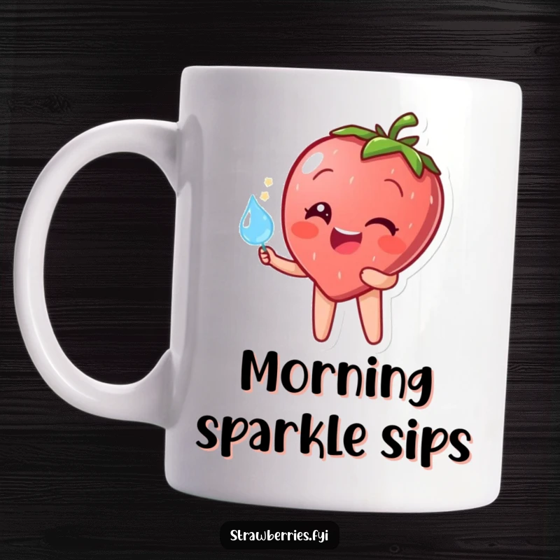 Funny mug showcasing a happy strawberry character holding a sparkling dewdrop, radiating positivity and refreshing humor.