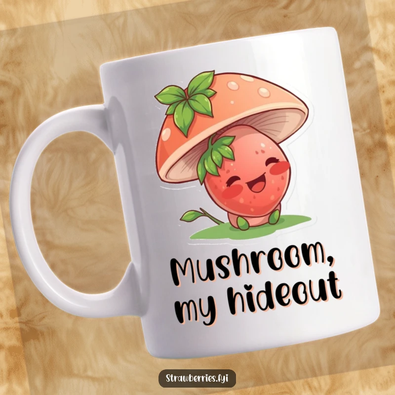 Funny mug featuring a giggling strawberry character peeking from under a mushroom, a humorous and cute surprise.