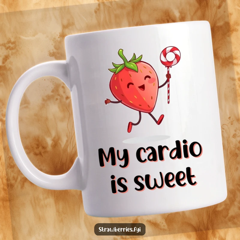 Funny mug featuring a tiny-legged strawberry character energetically skipping rope with a licorice string, radiating pure joy and playful determination.