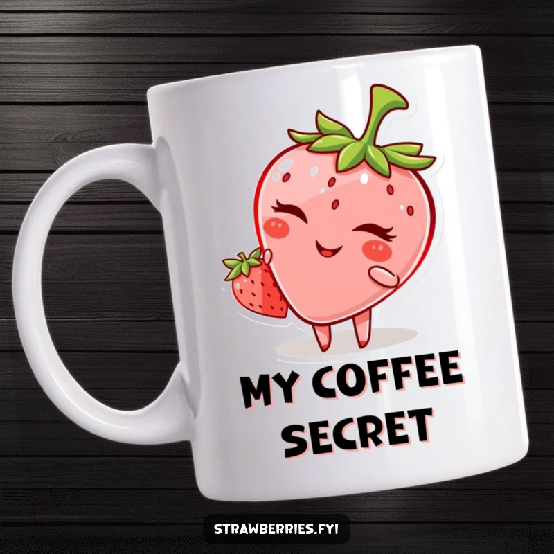 Funny mug featuring a mischievous anthropomorphic strawberry giving a playful wink and a sly smile.
