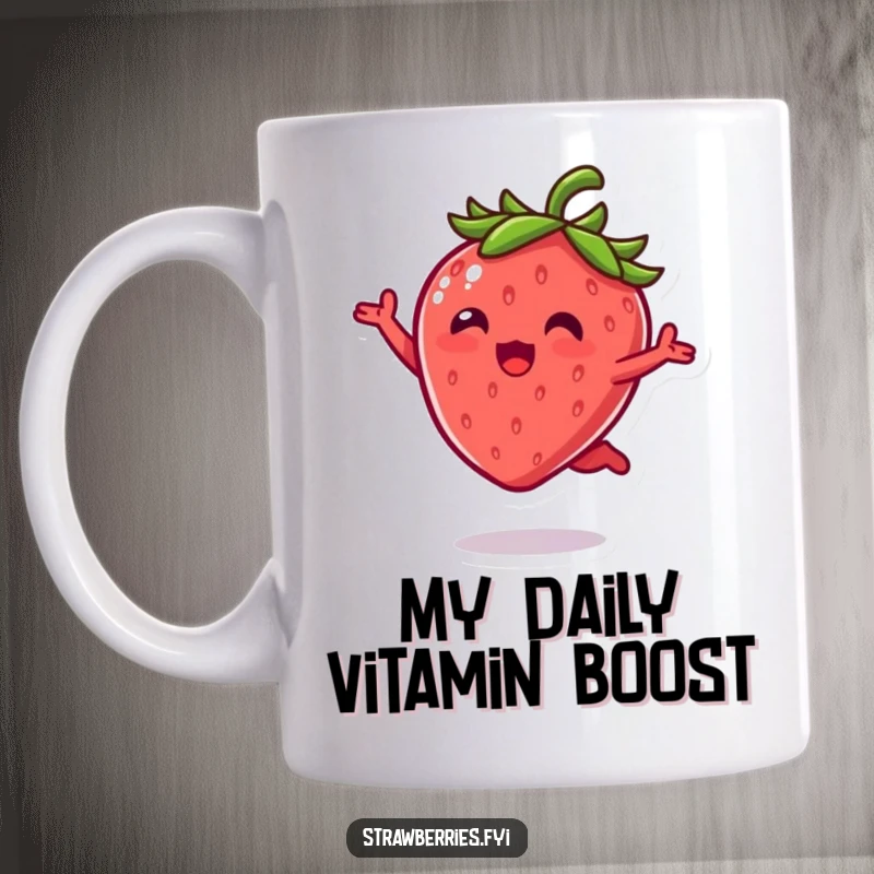 Funny Mug: Kawaii strawberry character leaping joyfully with leaves outstretched, embodying pure happiness and energy.