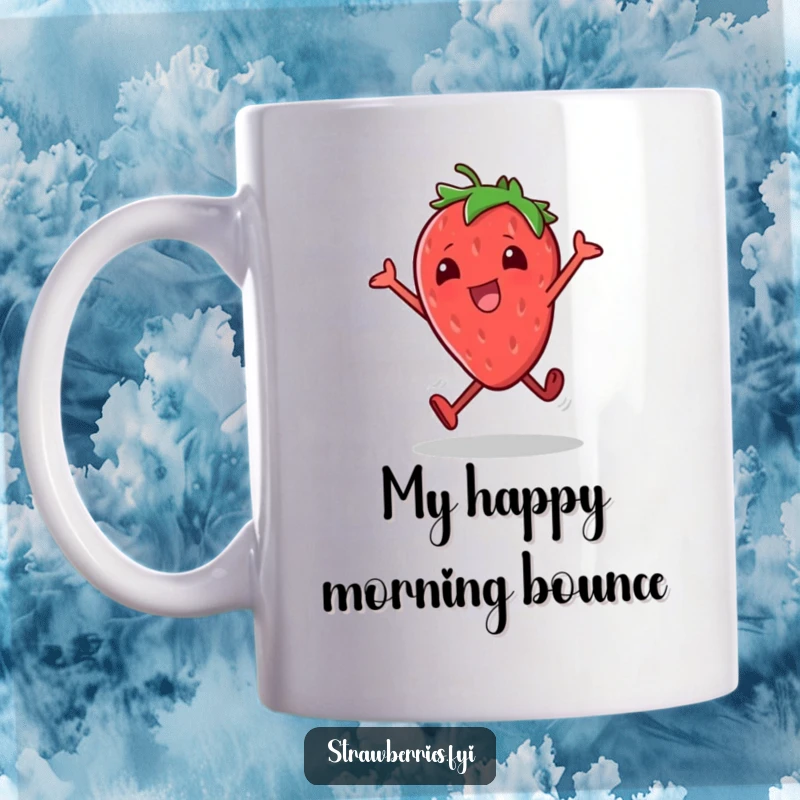 Funny mug showing a cheerful strawberry character performing small, excited hops, radiating pure joy and enthusiasm.