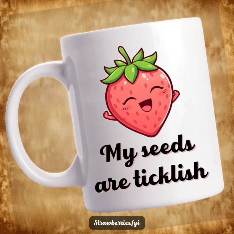 Funny Strawberry Mug featuring a wiggling strawberry character full of pure delight and ticklish joy, perfect for a funny gift.