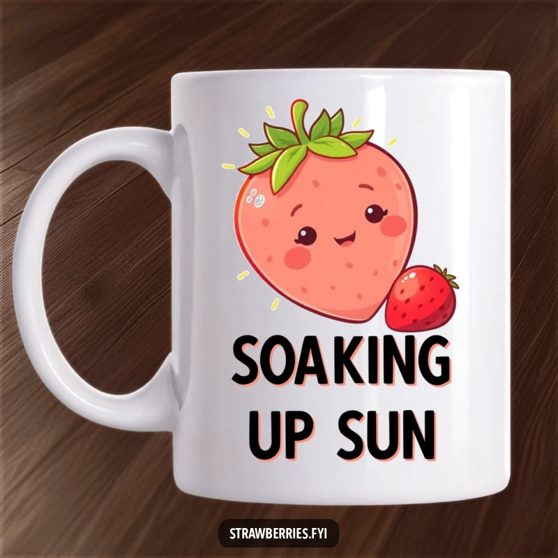 Funny sunny strawberry character mug basking joyfully in a warm ray of light, symbolizing happiness and warmth, perfect gift.