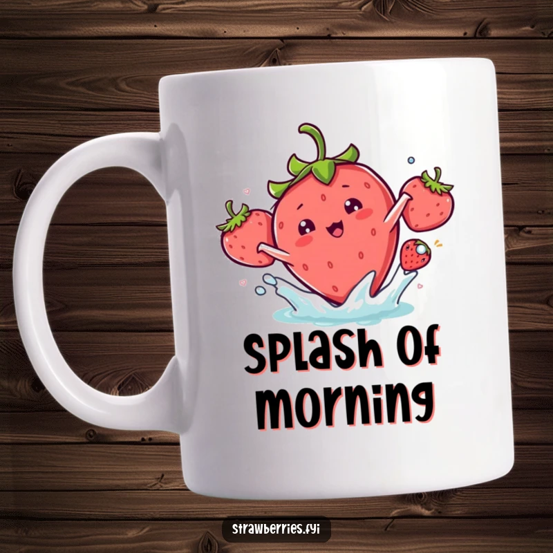 Funny kawaii strawberry character joyfully doing a playful splash, creating ripples of fun on this mug.