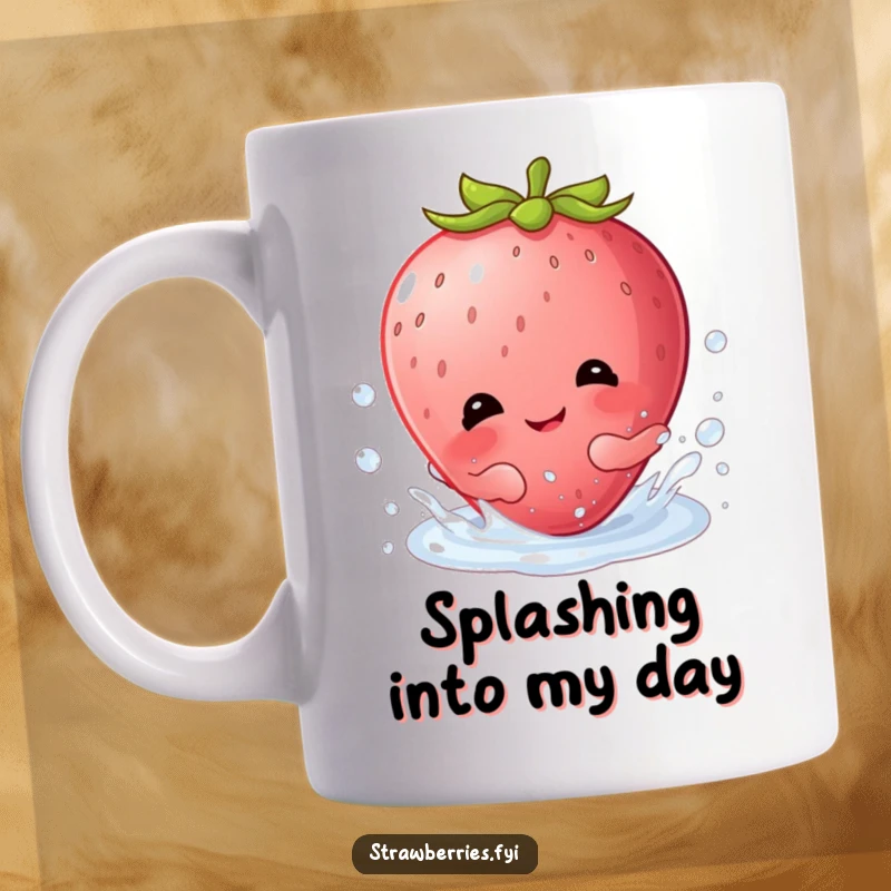 Funny mug depicting a delighted Kawaii strawberry character giggling while playfully splashing inside a crystal-clear dewdrop.
