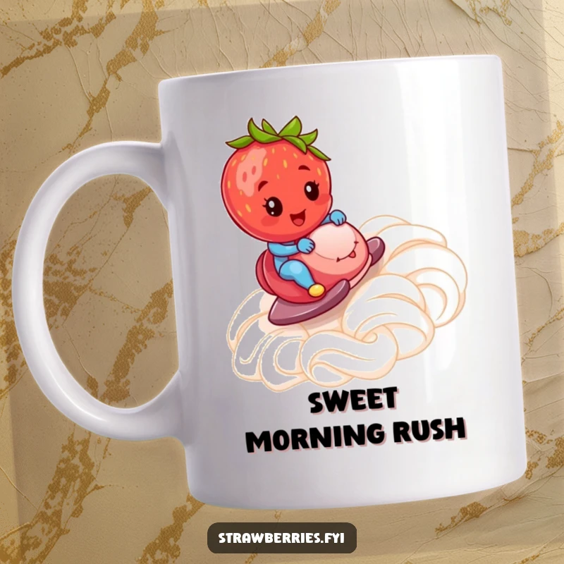 Funny Mug: A cheerful strawberry rapidly descending a ramp made entirely of whipped cream, depicting pure, sweet fun.