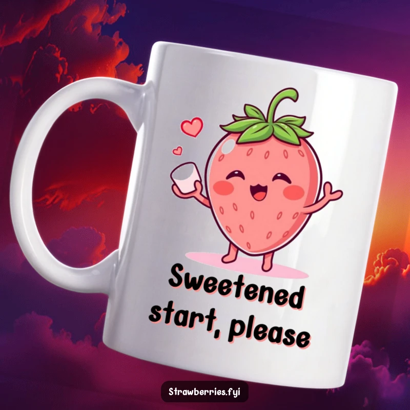 Funny mug with a giggling strawberry character expertly juggling a tiny sugar cube, showcasing playful sweetness.