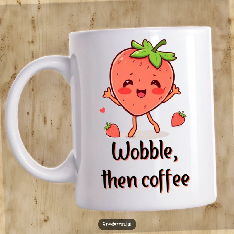 Funny kawaii strawberry character doing a delightful, bouncy wobble dance on this cheerful mug.