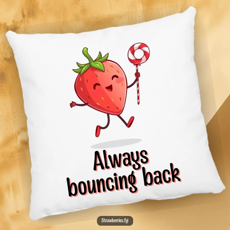 Funny pillow featuring a strawberry character with tiny legs skipping rope with a licorice string, providing comfort with a side of whimsical humor.
