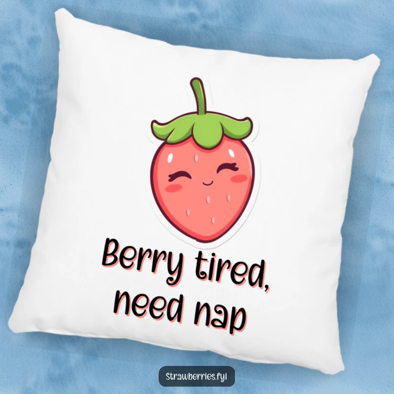 Funny winking kawaii strawberry character tipping its cap, depicted on a soft, plush pillow for ultimate comfort and humorous decoration.