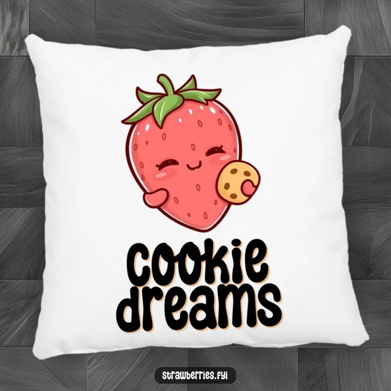 Funny kawaii strawberry character winking while holding a tiny cookie on this soft pillow.