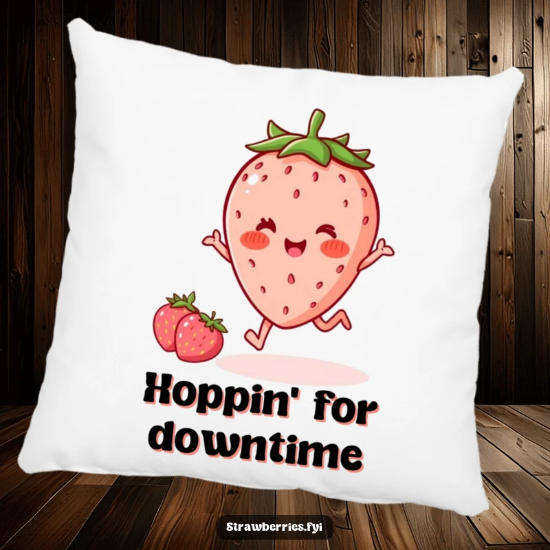 Funny delighted kawaii strawberry character with rosy cheeks doing a little hop, depicted on a soft, plush pillow for comfortable, humorous relaxation.