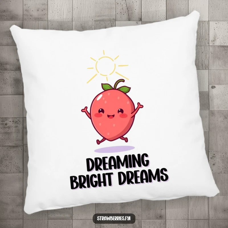 Funny cheerful kawaii strawberry character dancing under a sunbeam, depicted on a soft, plush pillow for comfortable, humorous relaxation.