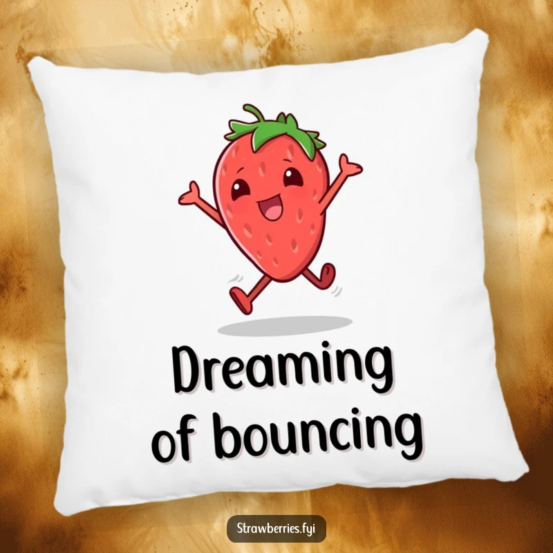 Funny pillow showing a cheerful strawberry character doing small excited hops, bringing a lively and humorous element to your decor.