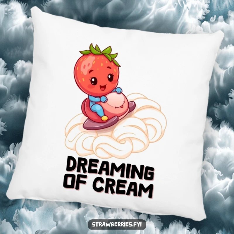 Funny Pillow: A strawberry gleefully riding a whipped cream ramp, offering soft, sweet, and humorous comfort.