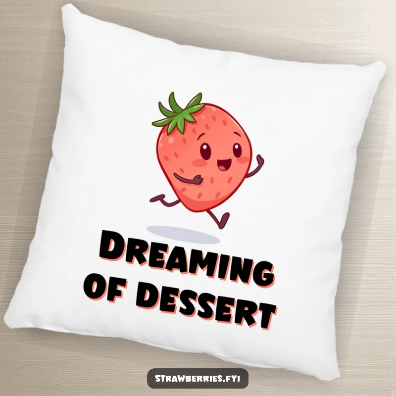 Funny pillow illustration of a strawberry with tiny legs sprinting towards a giant spoon, offering humorous and comforting decor.