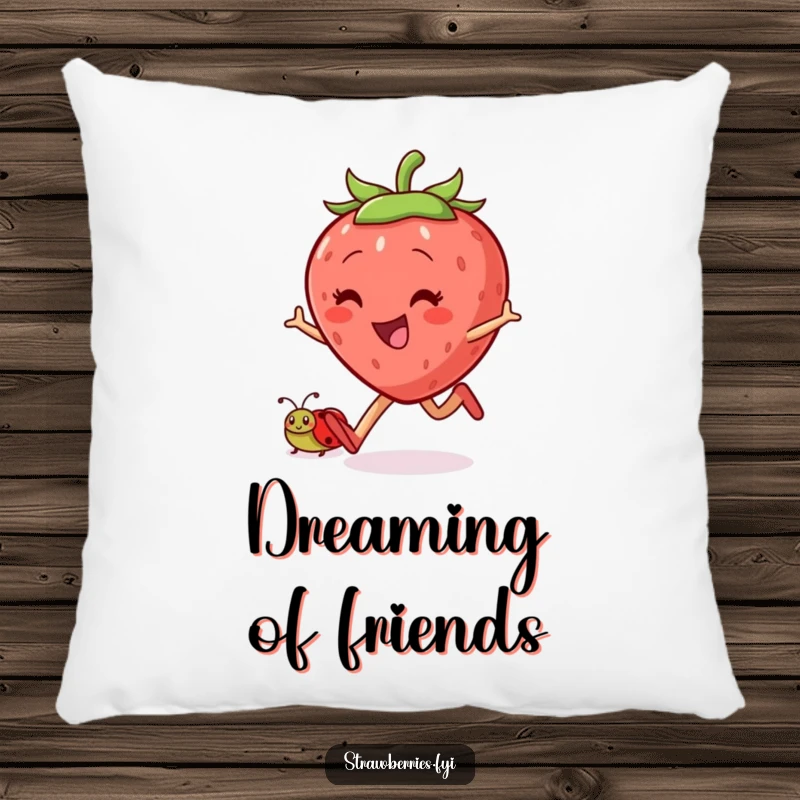 Funny skipping strawberry pillow with a jovial character and ladybug companion, offering soft comfort and a humorous, cheerful design.
