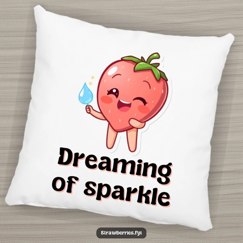 Funny pillow showcasing a happy strawberry character holding a sparkling dewdrop, offering plush comfort and cheerful humor.