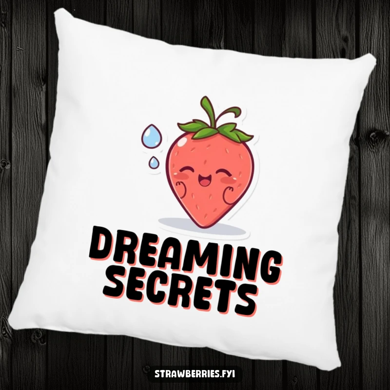 Funny pillow featuring a happy strawberry character sharing a secret with a dewdrop, providing comfort and gentle humor.