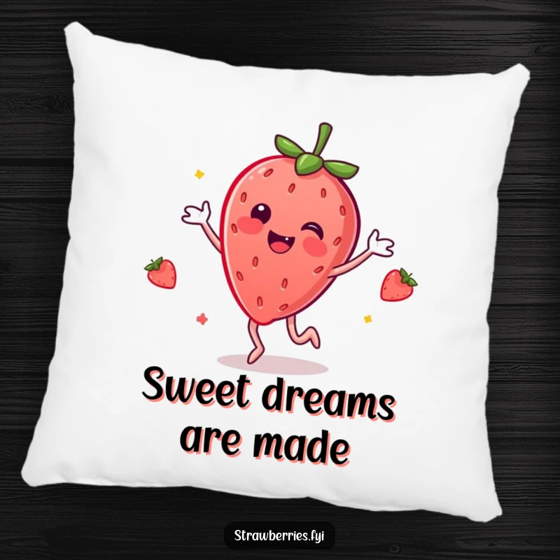 Funny pillow decorated with an ecstatic anthropomorphic strawberry performing a joyful dance, perfect for comfort.