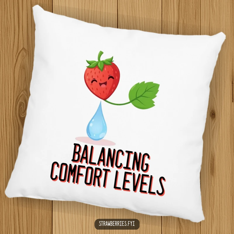 Funny pillow featuring a delighted strawberry balancing on a dewdrop, a whimsical and comforting accent piece.