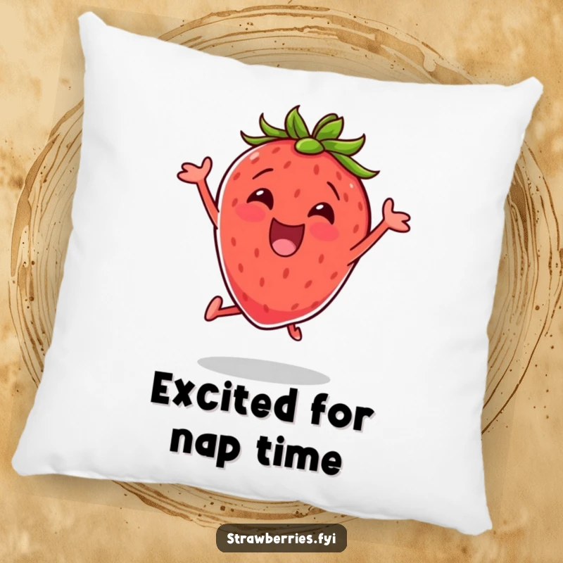 Funny pillow featuring an excited strawberry doing a jumping jack, offering plush comfort with a burst of energetic humor.