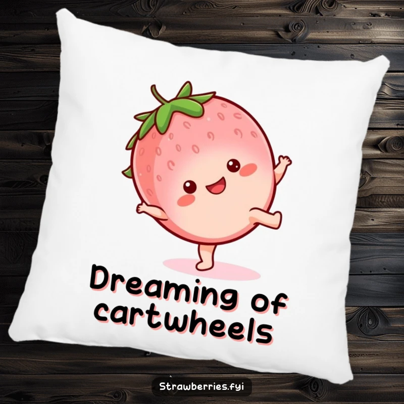 Funny Pillow: Soft cushion displaying a happy kawaii strawberry character performing a cartwheel, bringing comfort and cheer.