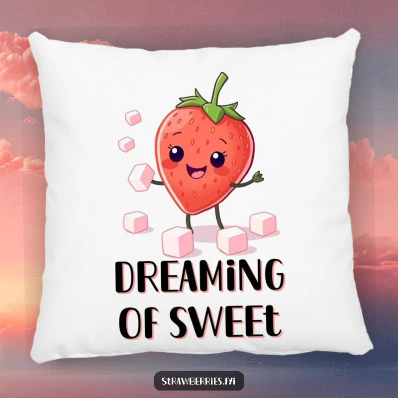 Funny Pillow: Soft cushion displaying a grinning kawaii strawberry character expertly juggling sugar cubes, bringing sweet comfort.