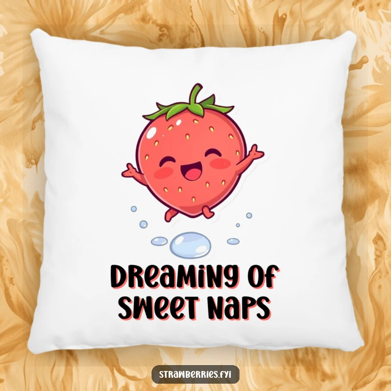 Funny pillow with a joyous kawaii strawberry character leaping playfully over a dewdrop, offering cozy comfort and cute design.