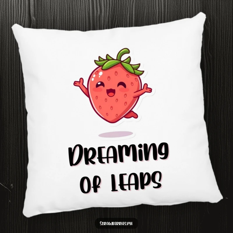 Funny Pillow: Soft cushion displaying a cute kawaii strawberry character doing an ecstatic leap, bringing joy and comfort.