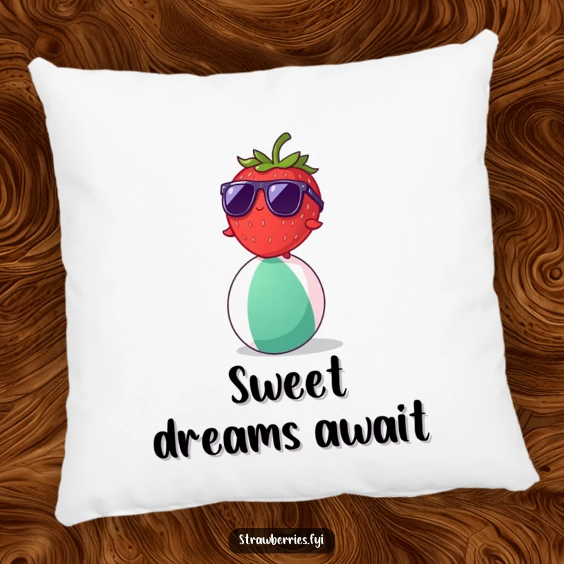 Funny strawberry character with sunglasses balancing on a beach ball, a soft and humorous pillow.