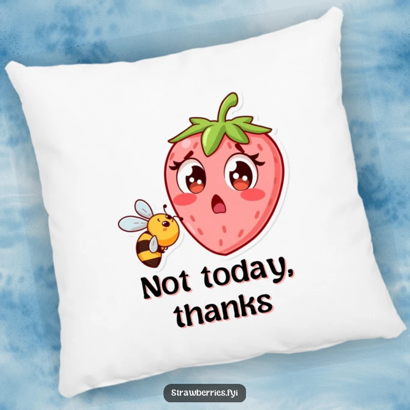 Funny strawberry character recoiling from a bee, decorative throw pillow, comfortable and humorous home accent.