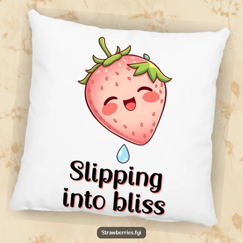 Funny pillow showing a laughing strawberry character gliding down a dew drop, bringing a cheerful and humorous vibe to your decor.