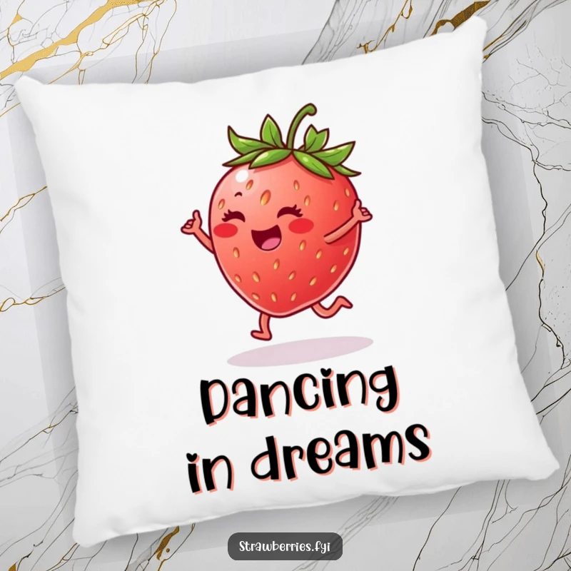 Funny pillow featuring a cheerful strawberry joyfully dancing on a leaf, adding a touch of whimsy and fun.