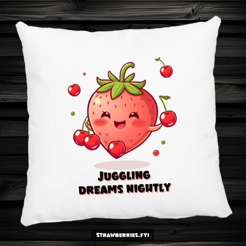 Funny pillow featuring a gleeful strawberry artistically juggling tiny cherries, adding a playful touch to any space.
