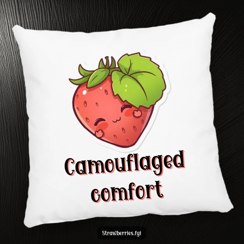 Funny pillow showcasing a strawberry character playfully peeking from behind a leaf, perfect for comfort and humorous charm.