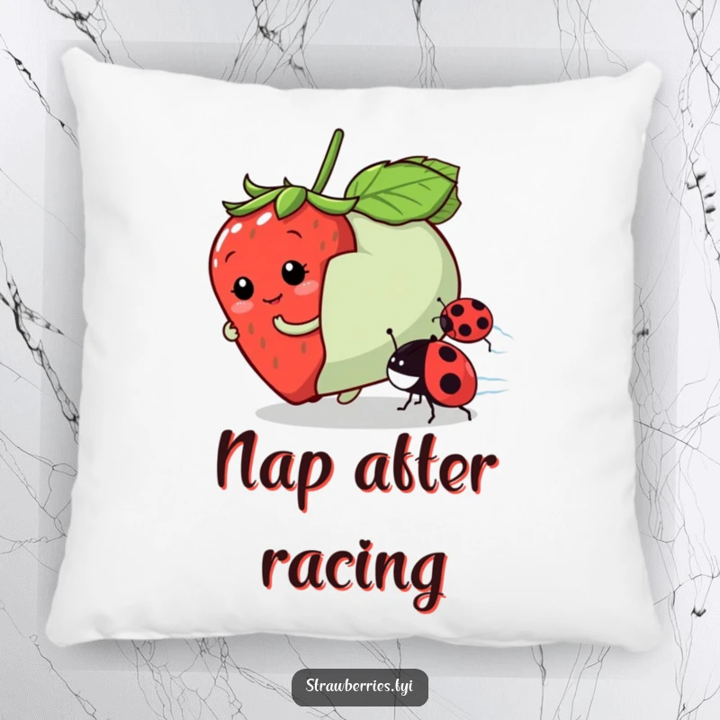 Funny pillow featuring a playful strawberry character racing a ladybug, offering comfort and a touch of humorous fun.