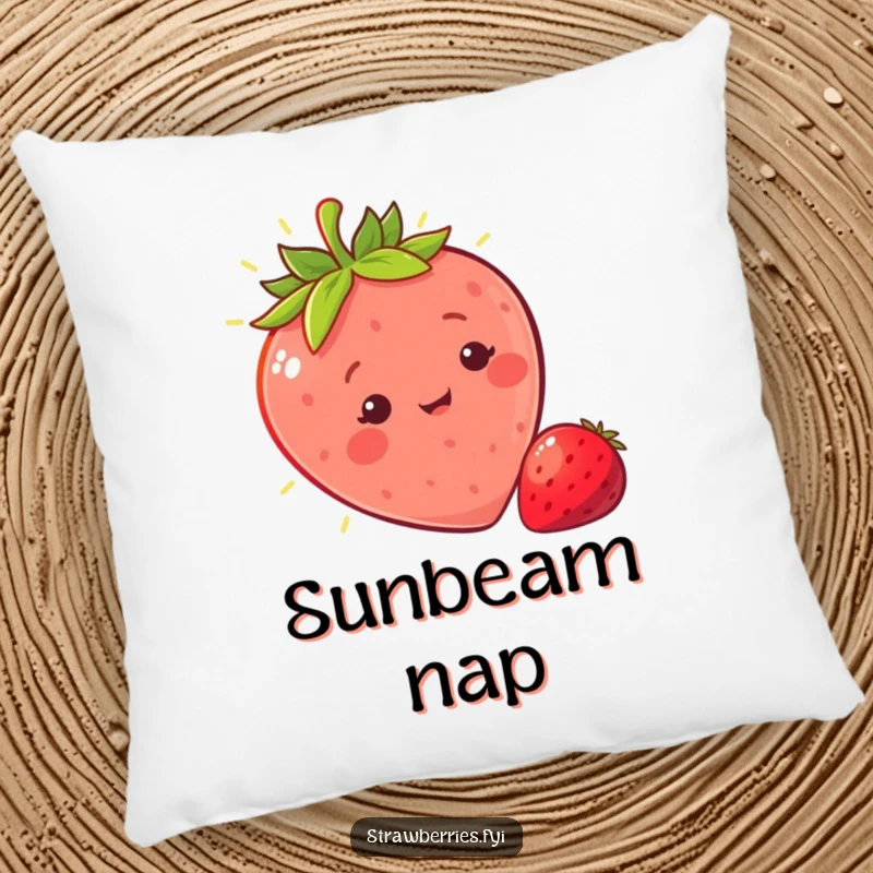 Funny sunny strawberry pillow with a character basking in a warm ray of light, offering soft comfort and a humorous, bright design.