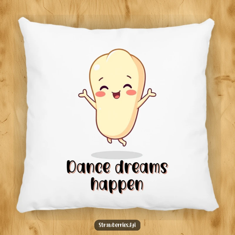 Funny vanilla bean character dancing with joy, decorative throw pillow, comfortable and cheerful home accent.